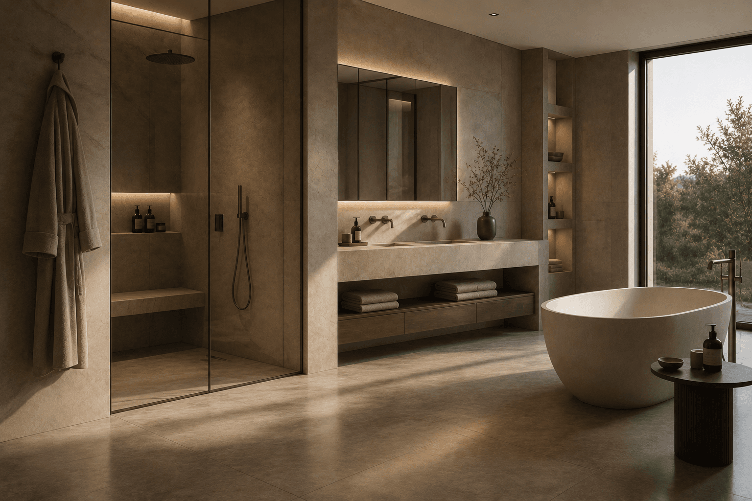 Concept bathroom with bath, shower and twin basins