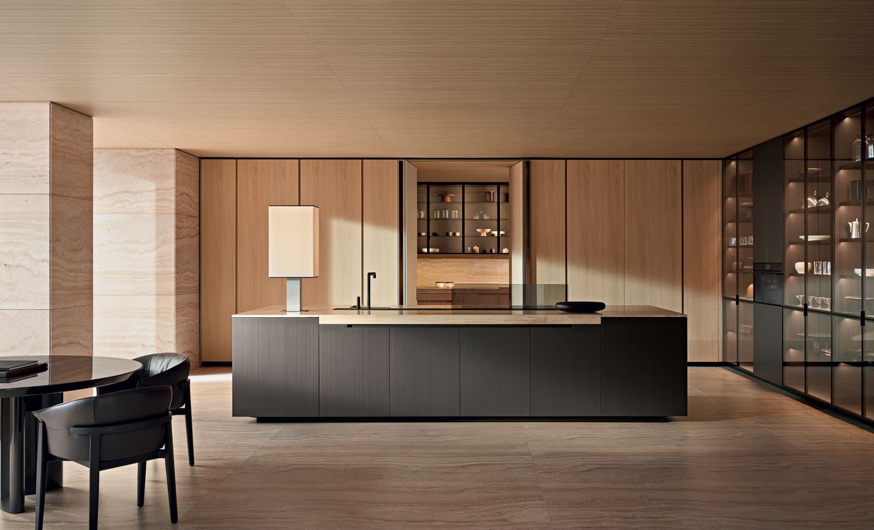 Concept space with timber cabinetry, glazed storage and an island