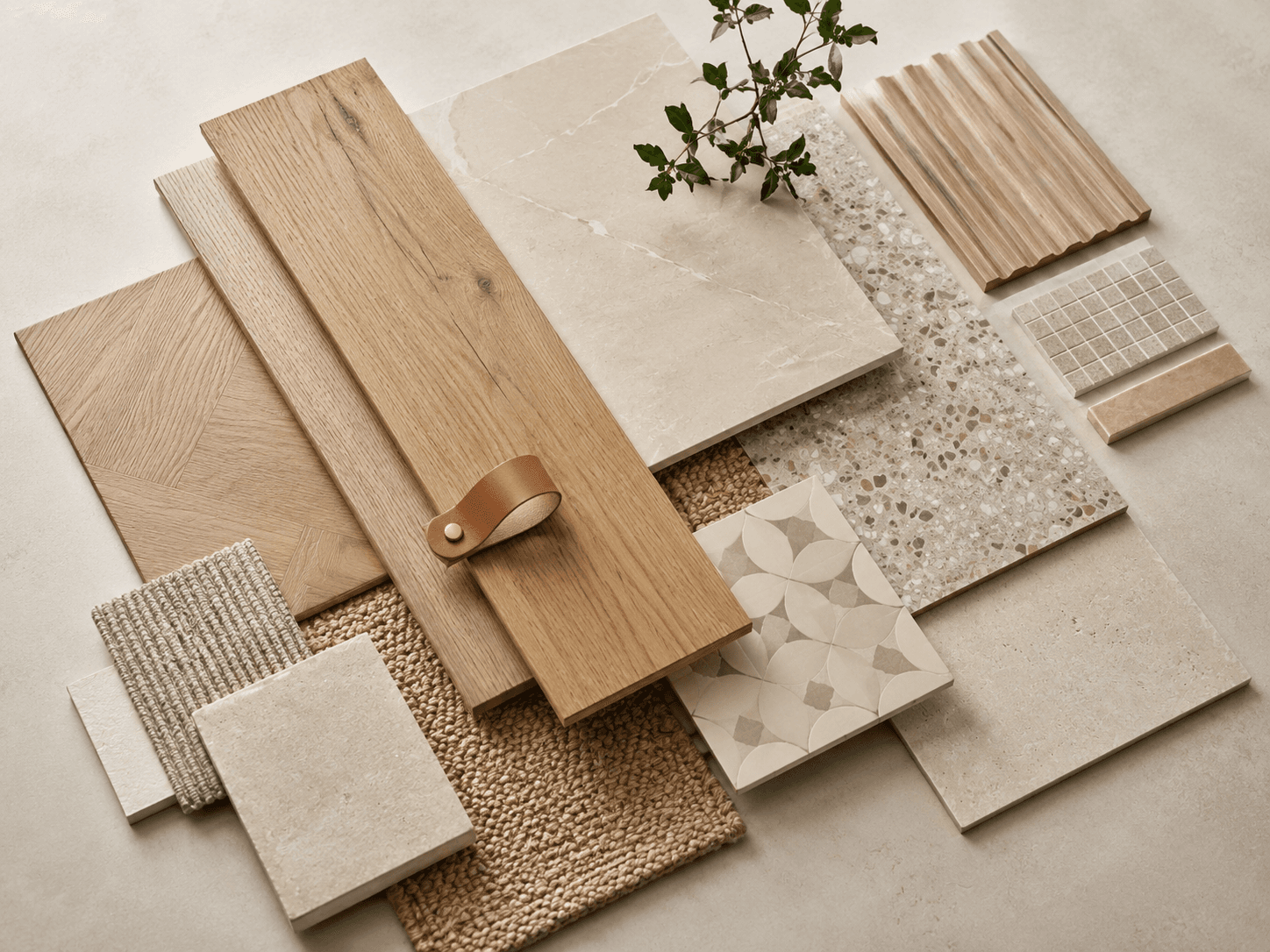 Concept material composition of timber, stone, tile and textile