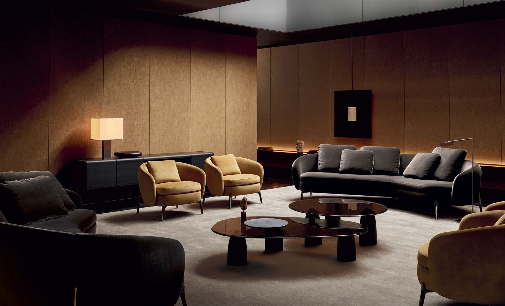 Concept hospitality public space with sofas, lounge chairs and tables