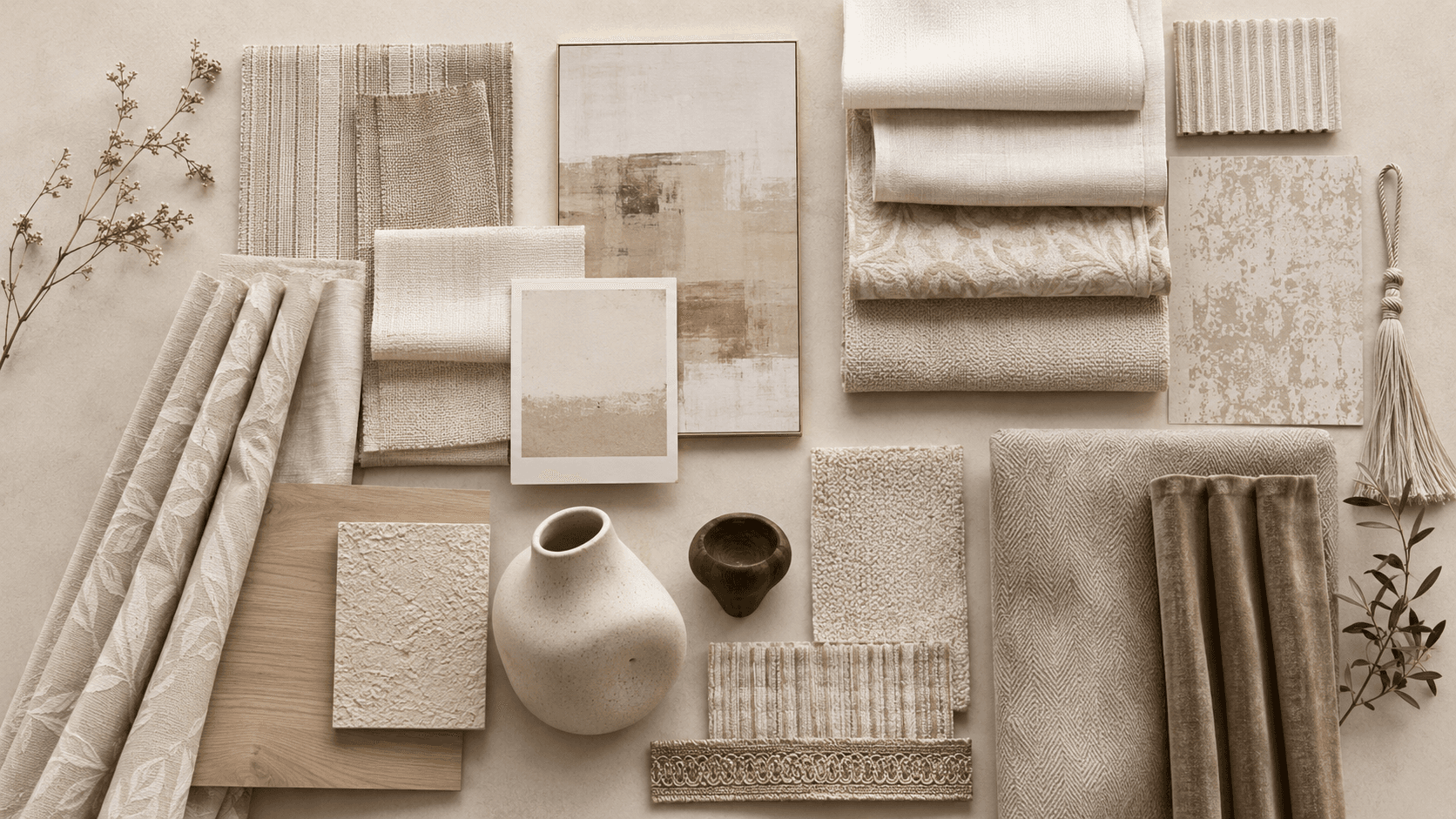 Concept material board with curtains, textiles, rugs and accessories