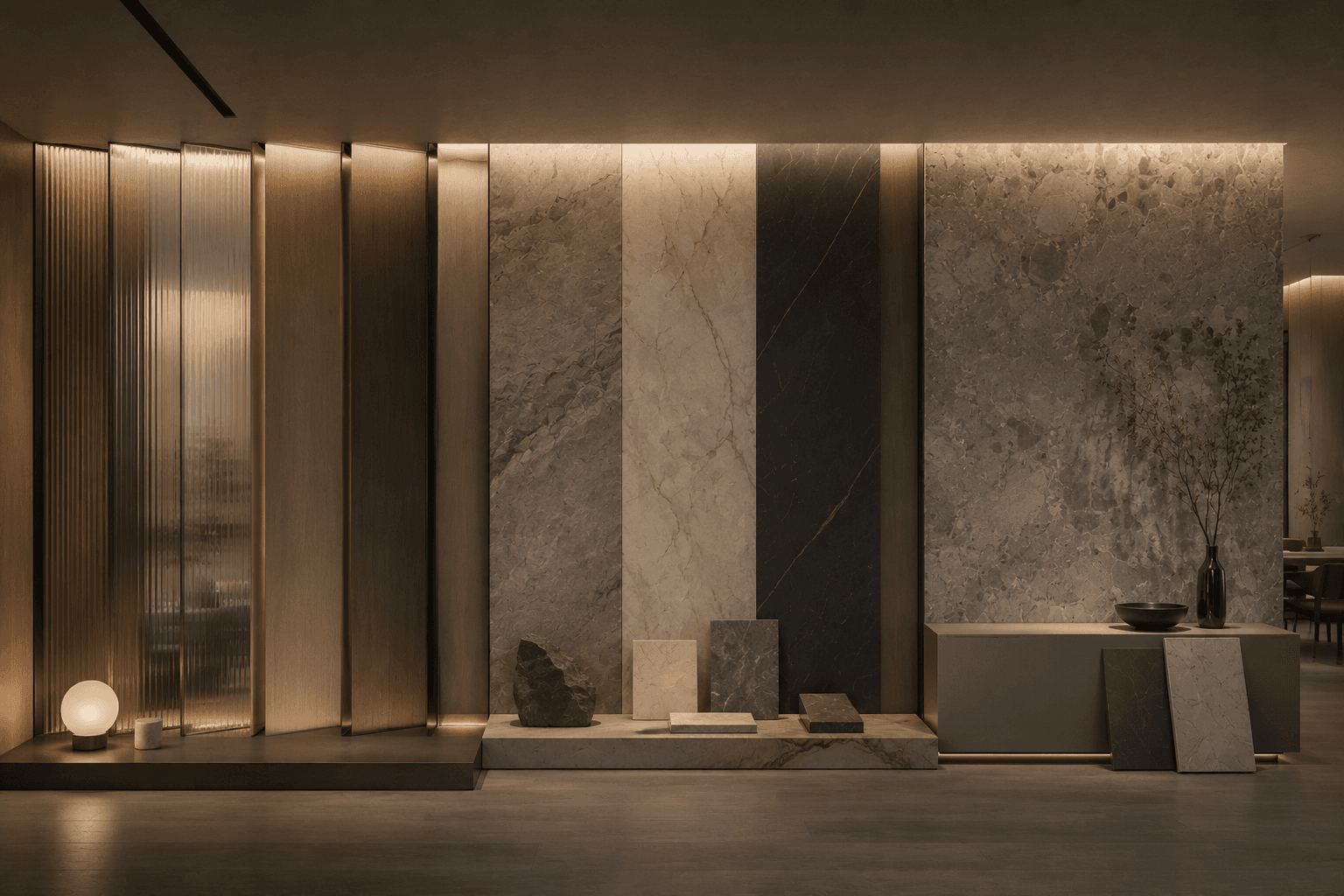 Concept display of timber, glass and stone-look wall finishes