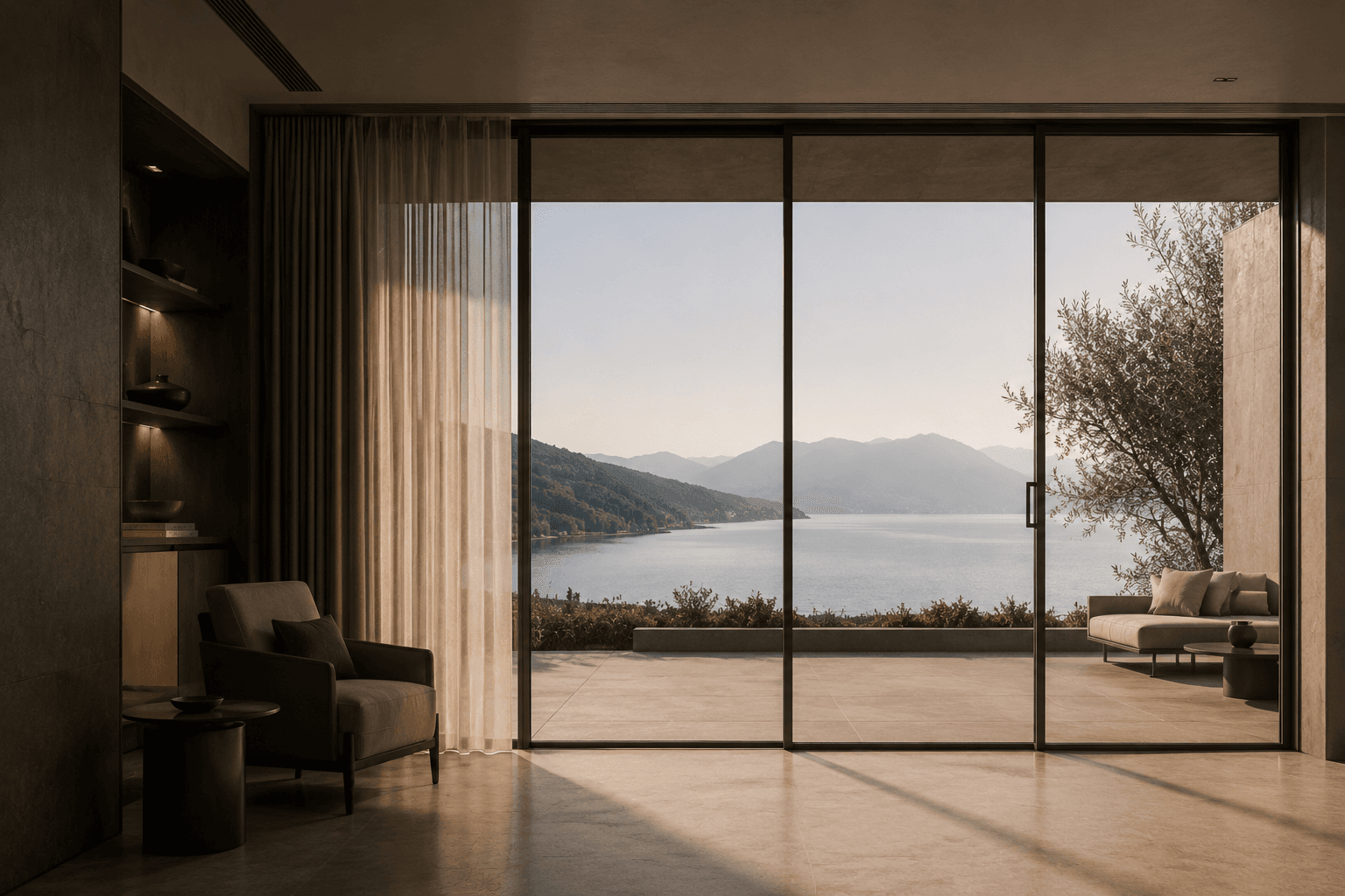 Concept scene with large framed windows connecting an interior to a lake view