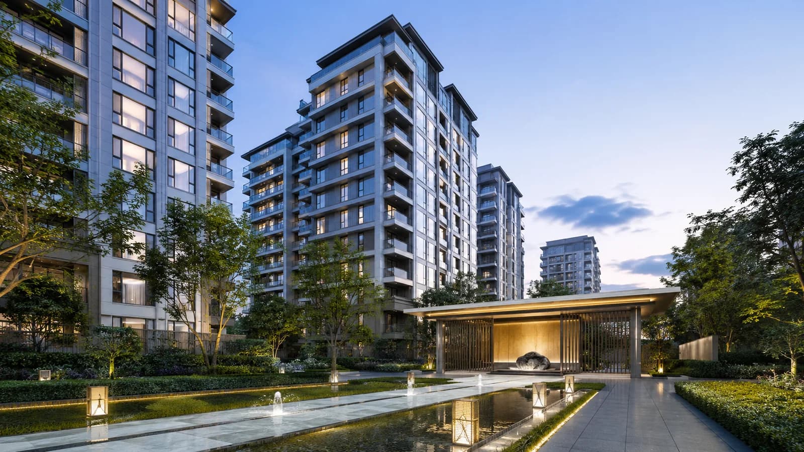 Concept visual of contemporary residential buildings and landscaped courtyards