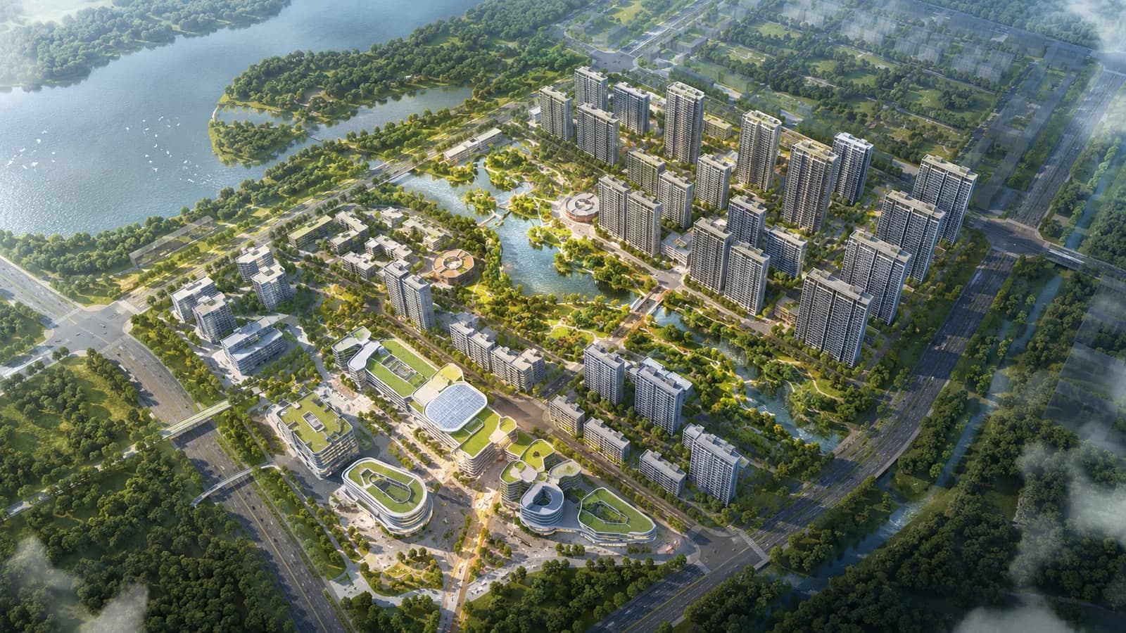 Concept visual of a lakeside urban masterplan