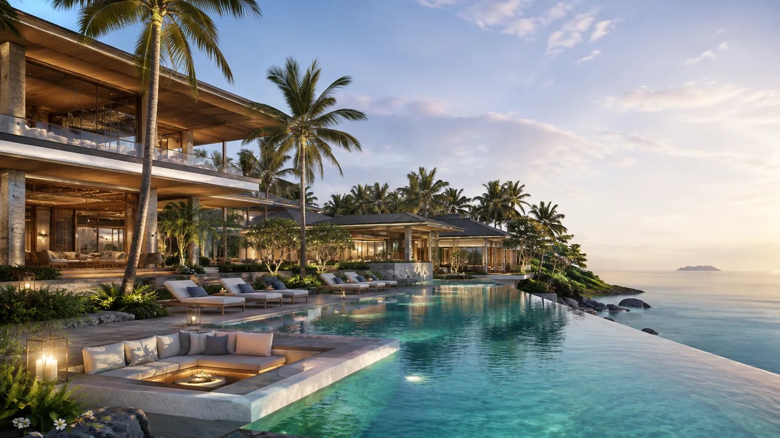 Concept visual of a coastal resort, palms and infinity pool