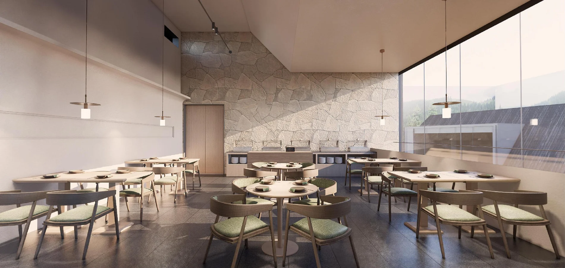 Breakfast room design visualization with window-side seating, stone walls and timber furniture