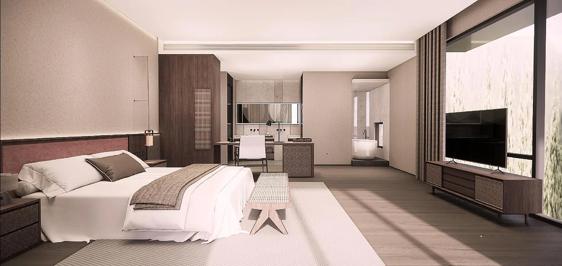 A1 guest accommodation design visualization showing sleeping, lounge and window-view areas