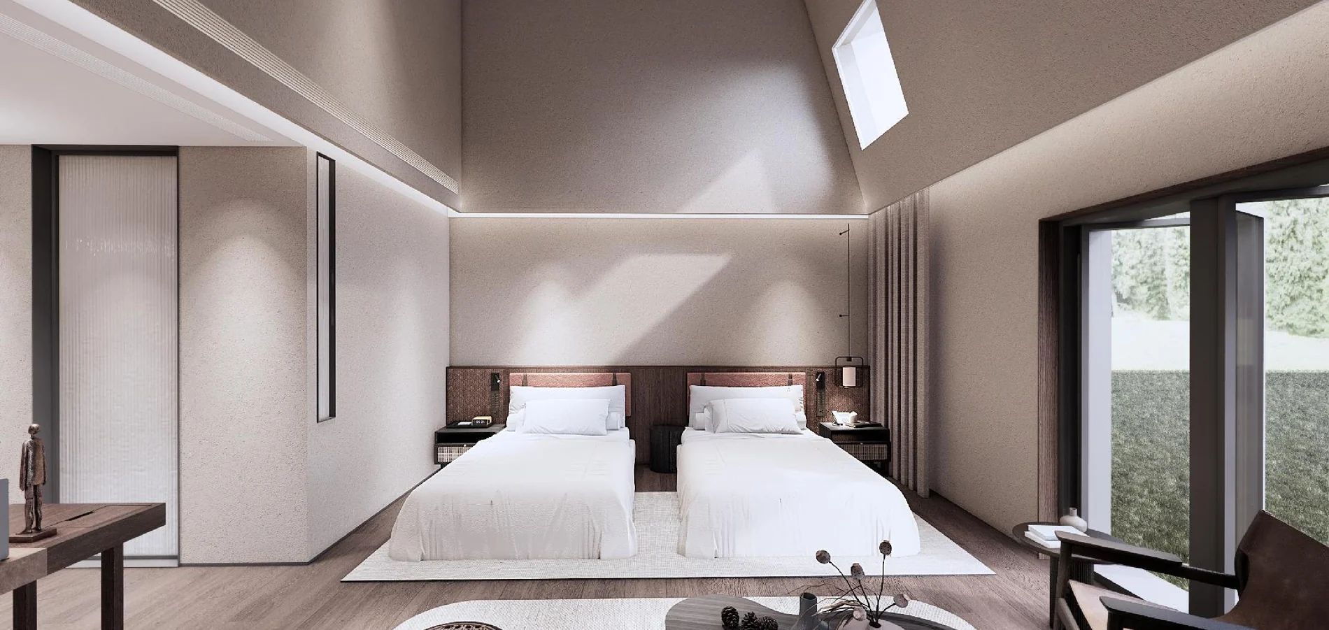 B guest accommodation design visualization with twin beds, timber joinery and a skylight