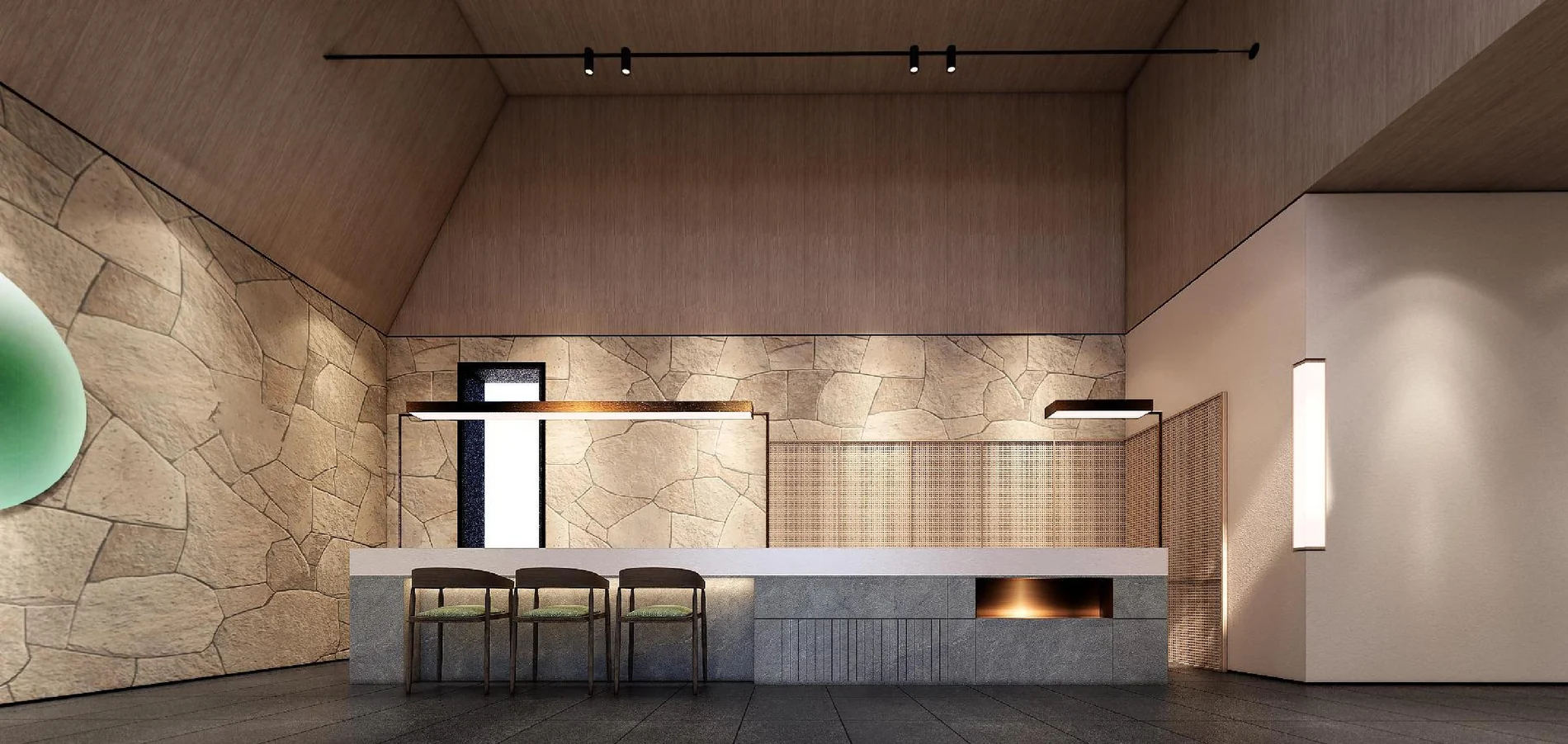 Reception design visualization with stone walls, a timber ceiling and a long communal table