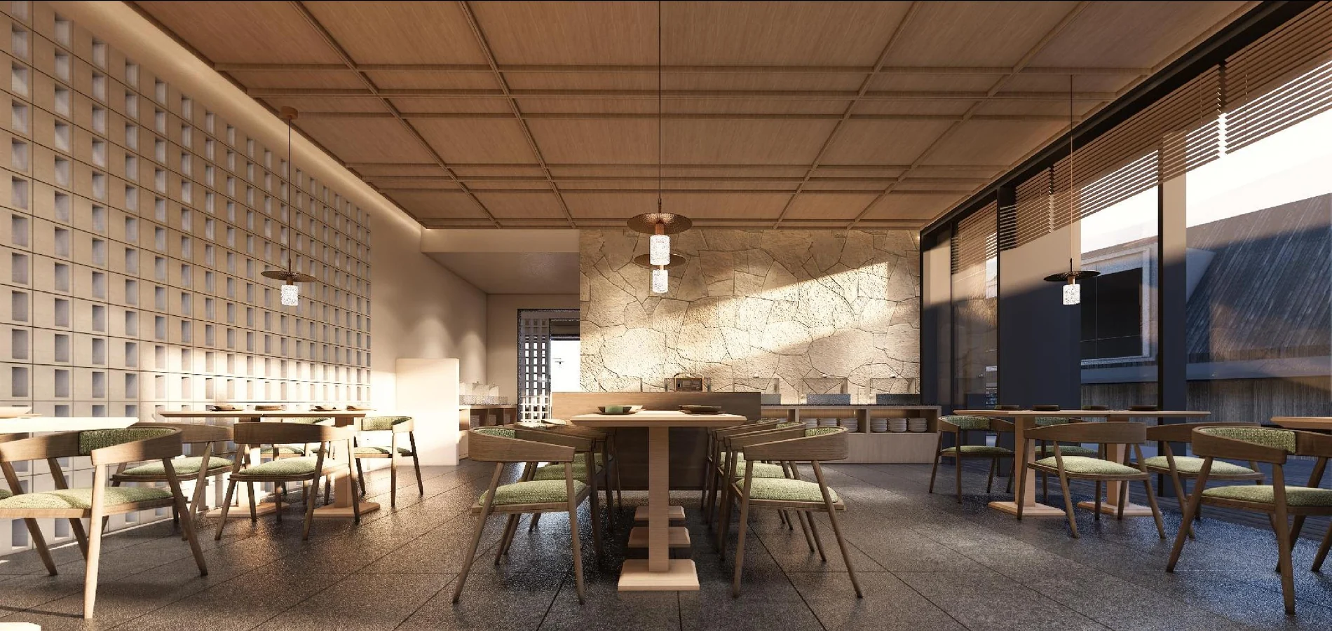 Restaurant design visualization with brick screens, natural stone and timber dining furniture