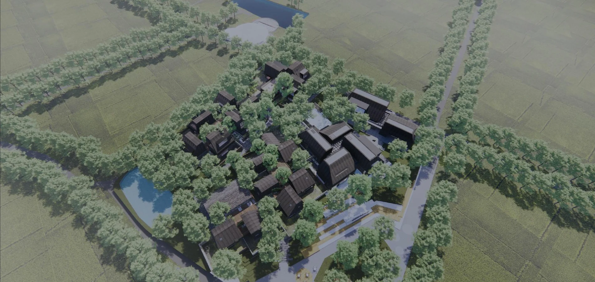 Aerial planning visualization showing the relationship between building clusters, rice fields, waterways and woodland
