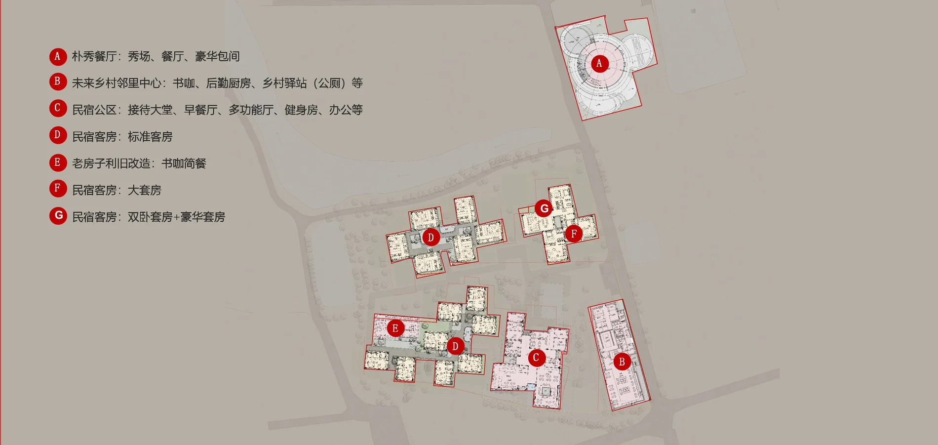 Planning diagram showing the organization of public, dining and guest accommodation areas