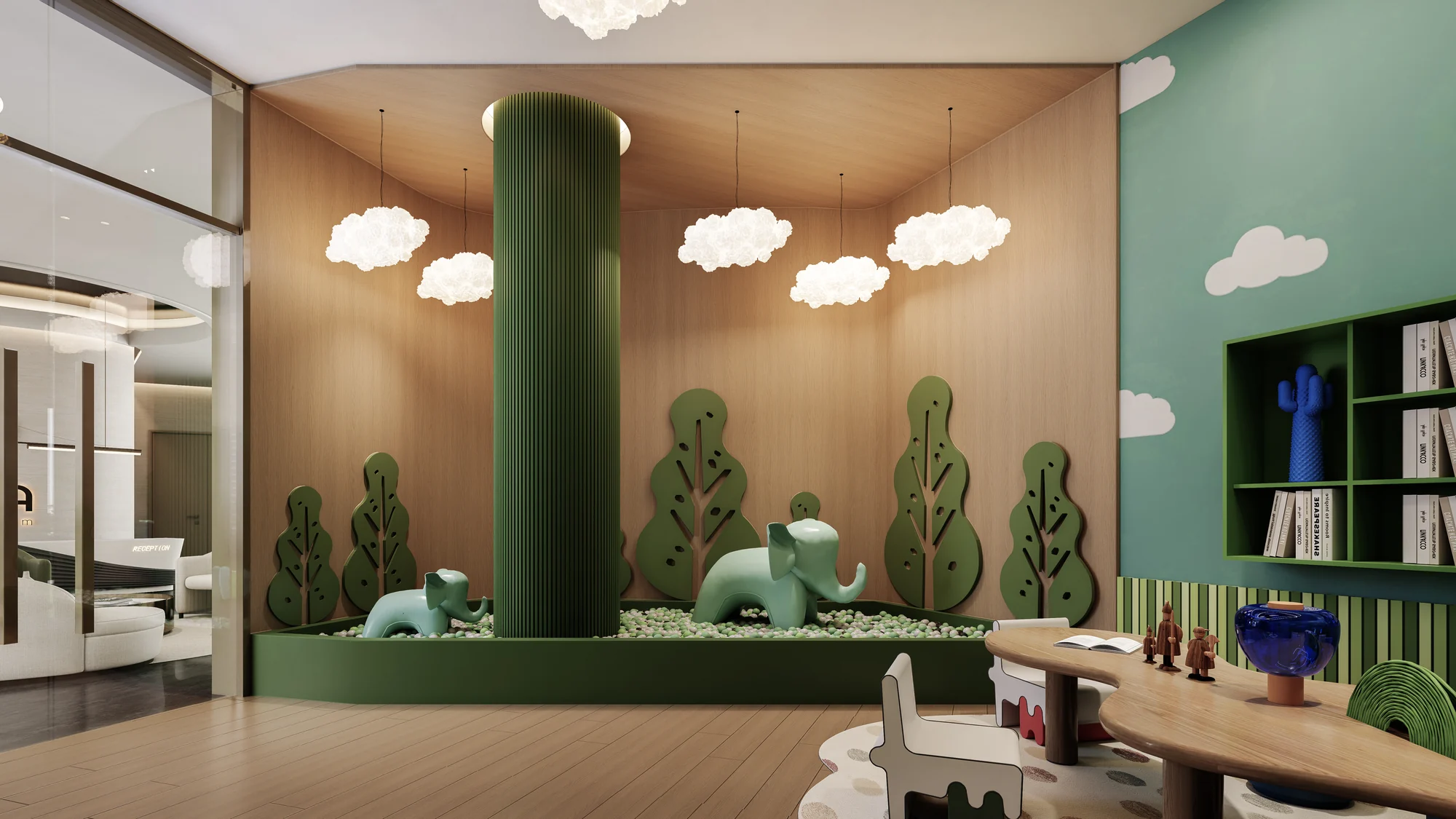 Design visualization of the children's play space with tropical-themed features