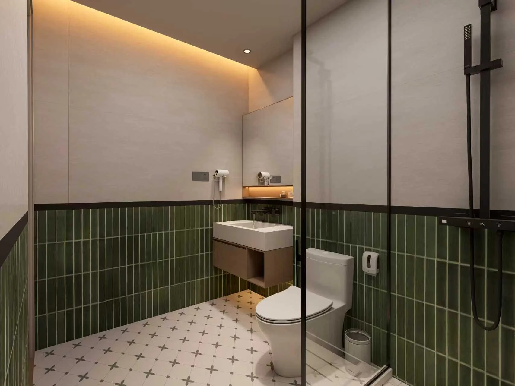 Design visualization of stone and metal relationships in the guest bathroom