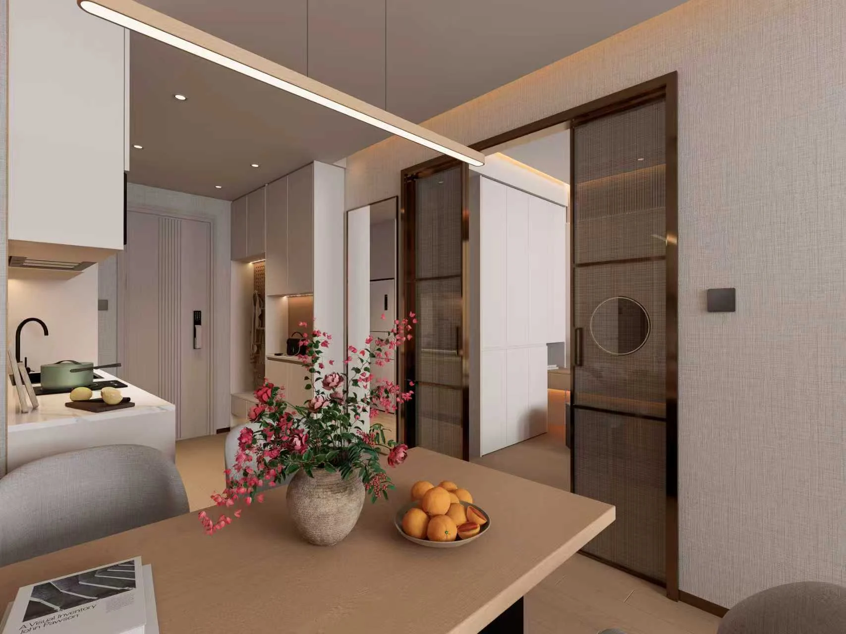 Guestroom mock-up design visualization showing the dining area and bedroom