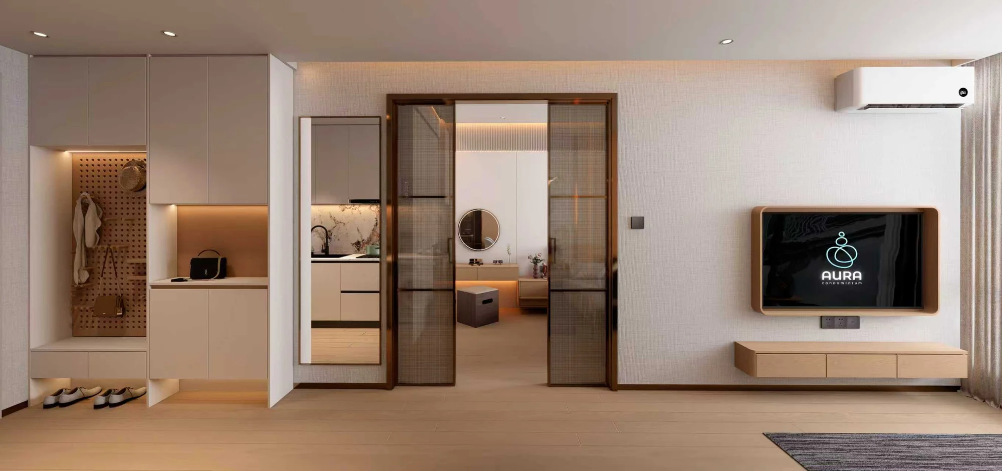 Design visualization integrating the guestroom entry, kitchen and storage
