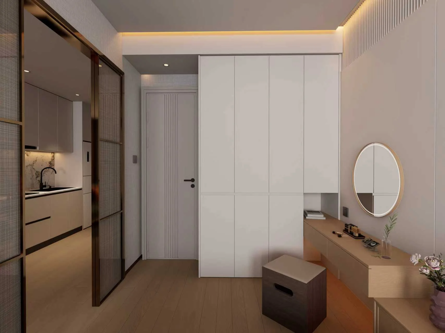 Design visualization of guestroom entry storage and custom cabinetry