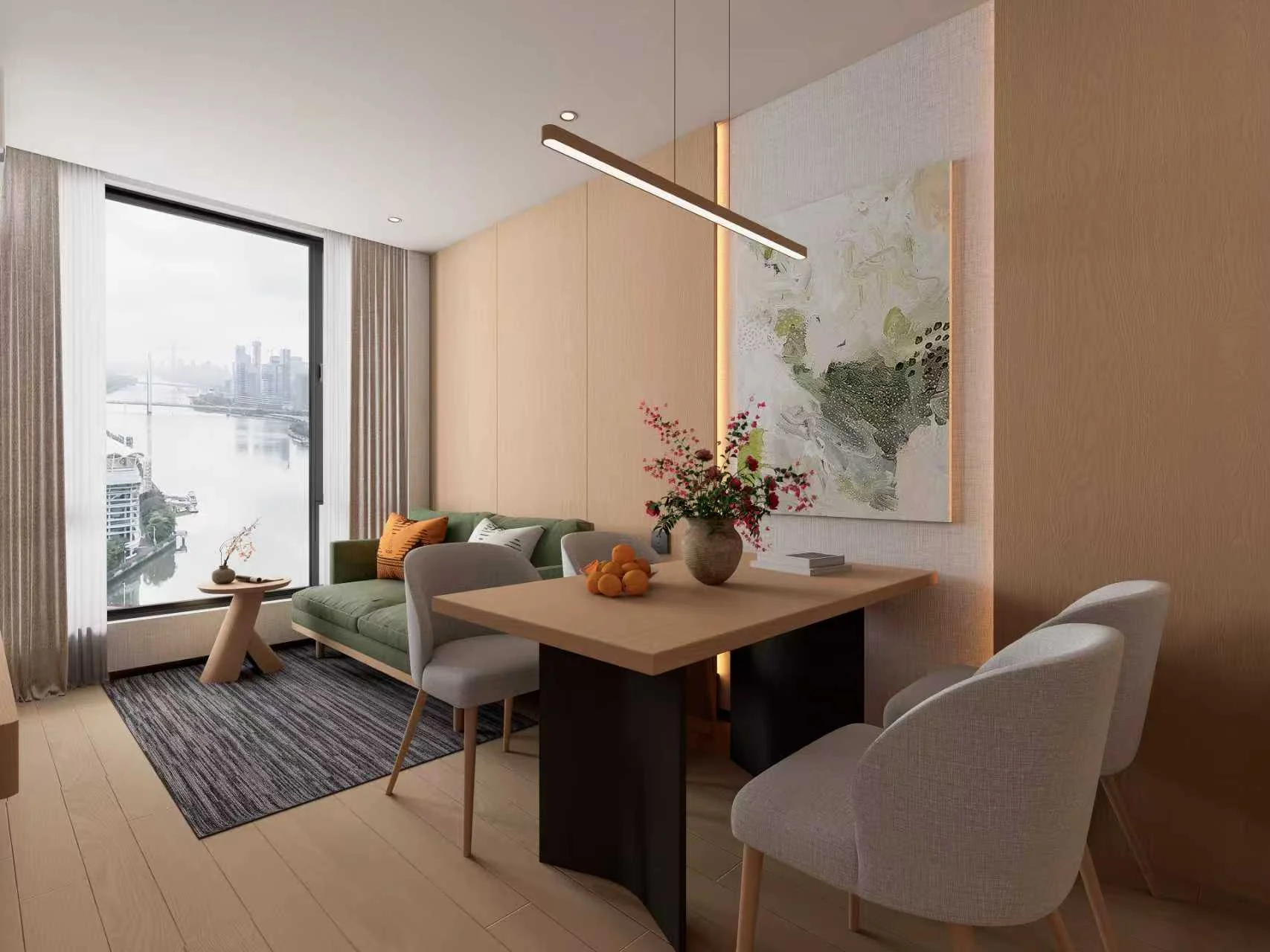 Design visualization of the guestroom living area and furniture composition