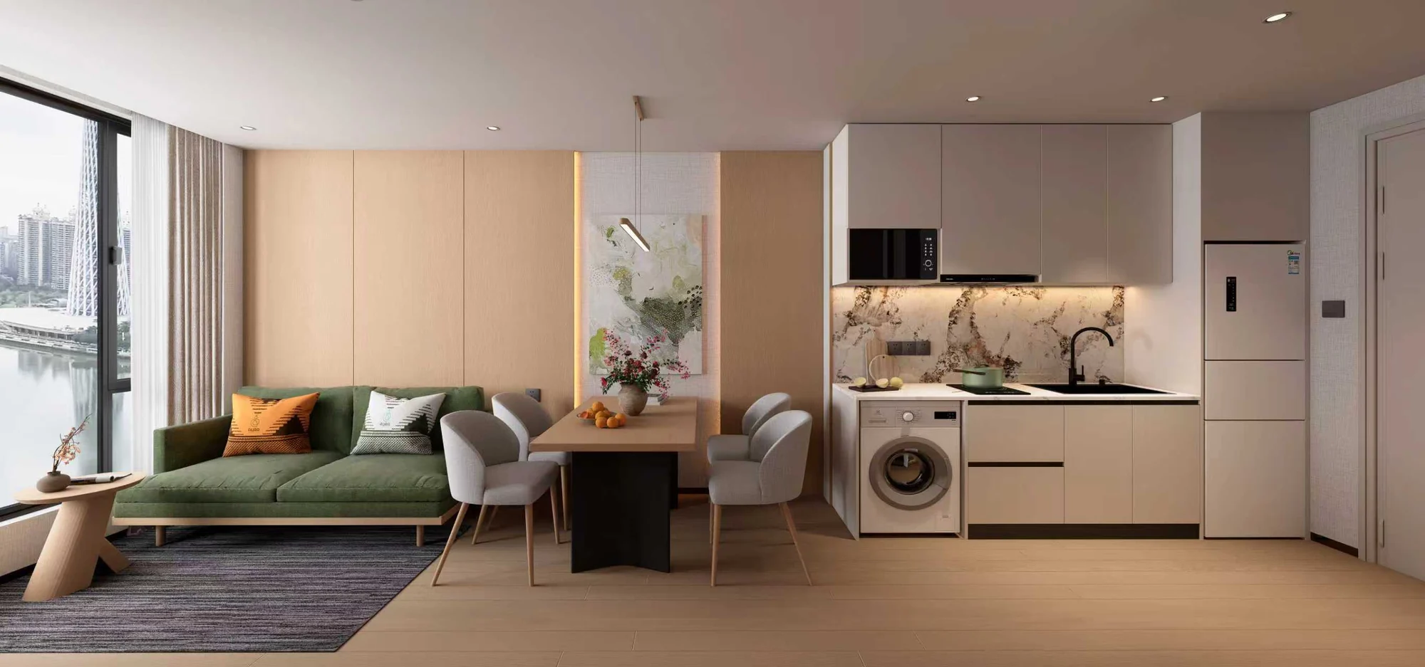 Guestroom mock-up design visualization showing the living, dining, kitchen and bedroom relationship