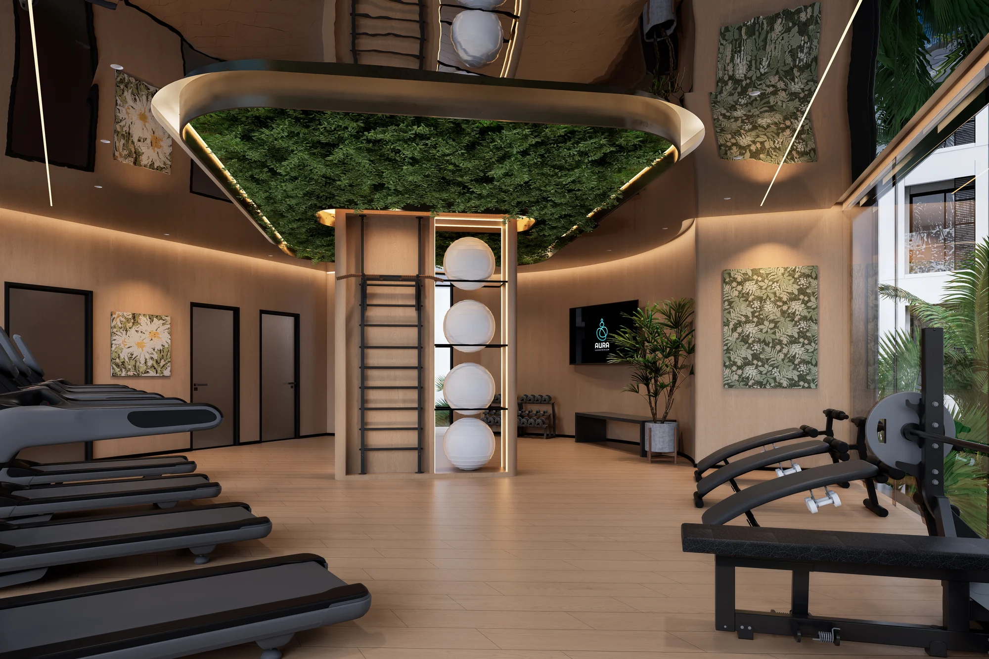 Design visualization of the fitness room with equipment, timber finishes and tropical planting