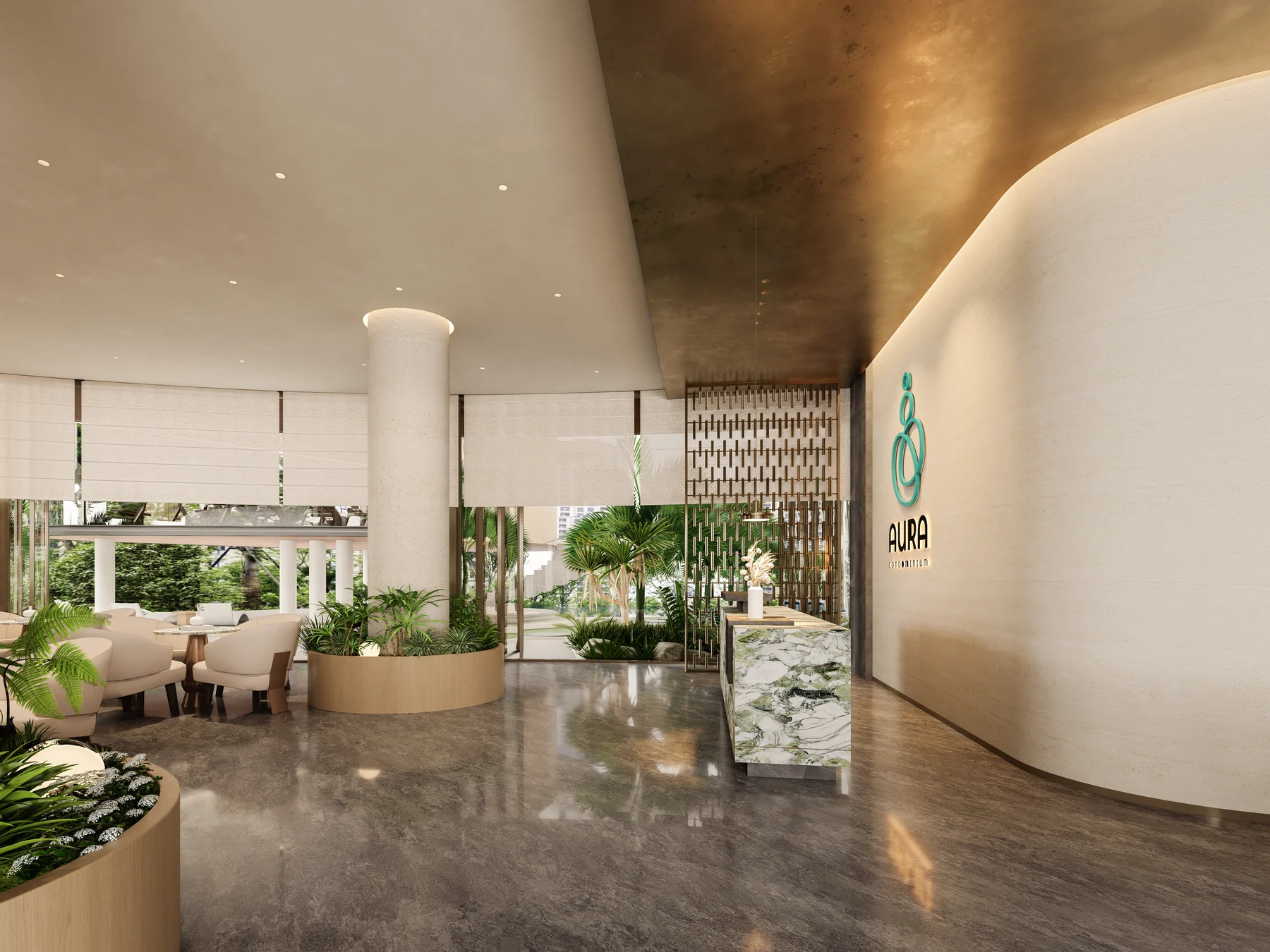 Design visualization of the lobby arrival route framed by tropical planting
