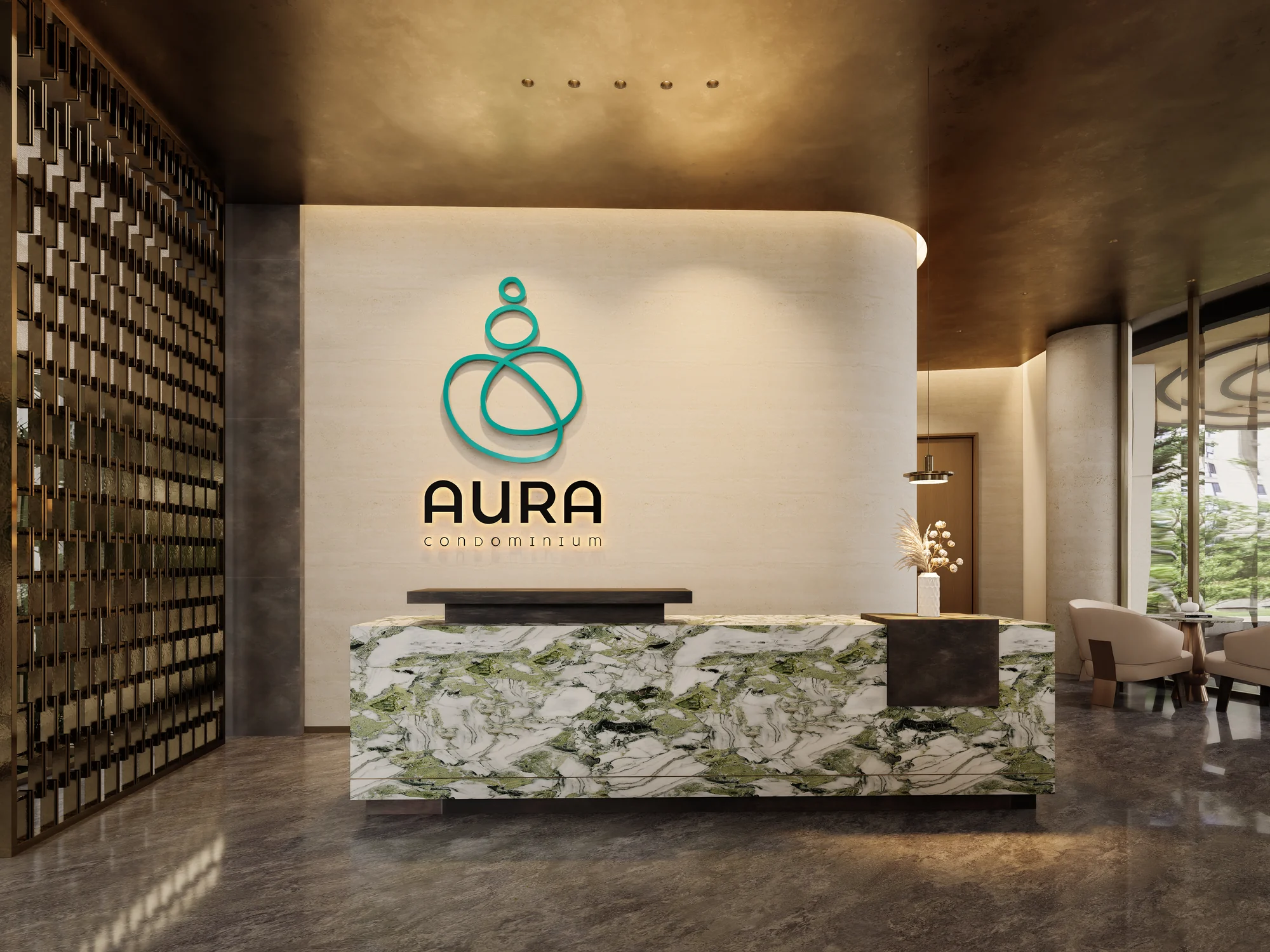 Design visualization of the lobby reception area with AURA project identity