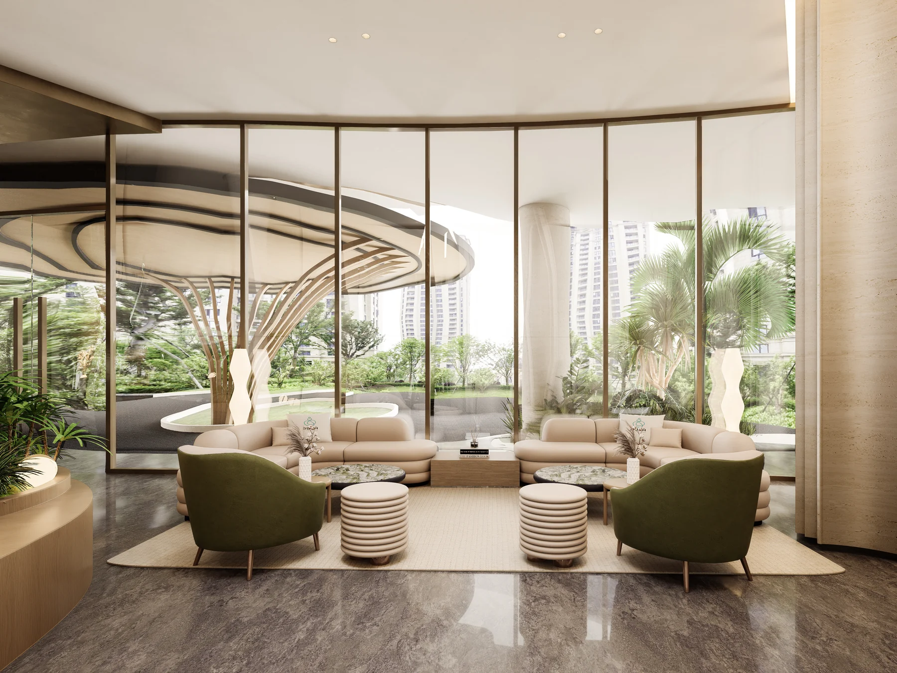 Design visualization of the lobby lounge opening toward a planted courtyard