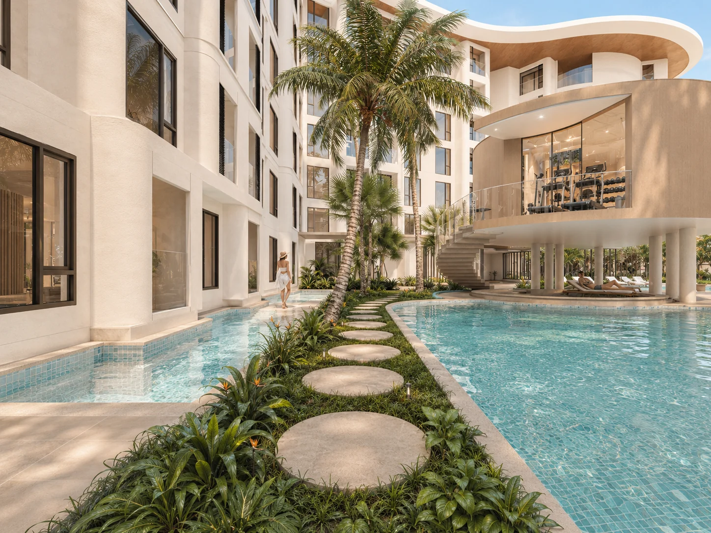 Design visualization of the pool walkway, hotel buildings and tropical courtyard
