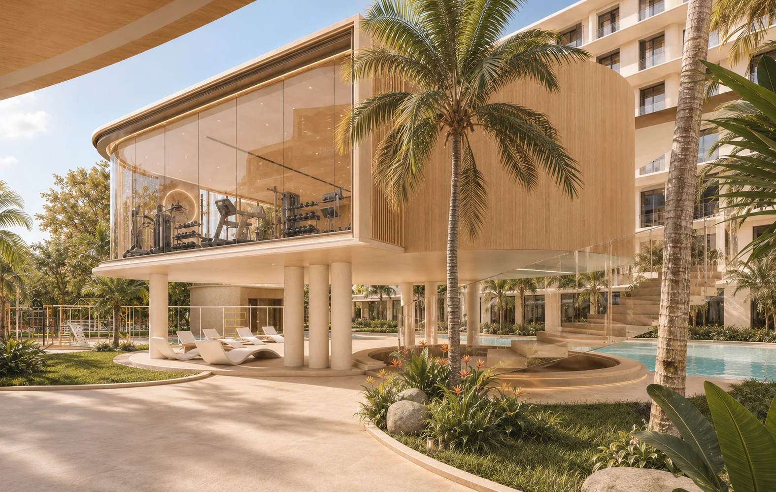 Design visualization of the pool, tropical landscape and elevated wellness pavilion