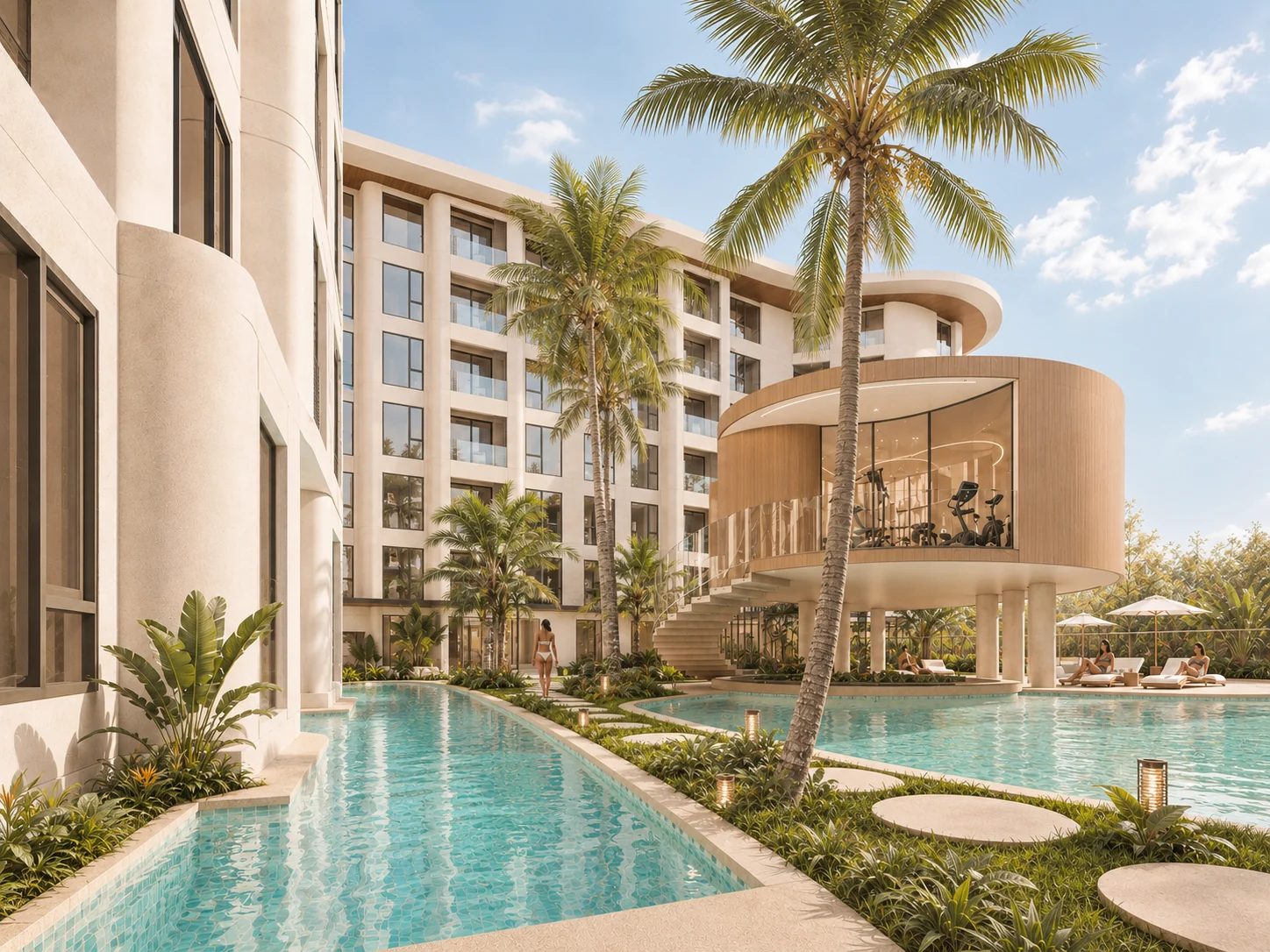 Design visualization of the hotel buildings, pool terrace and wellness pavilion