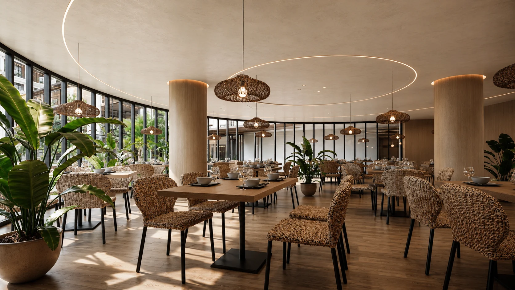 Design visualization of restaurant seating and warm ambient lighting