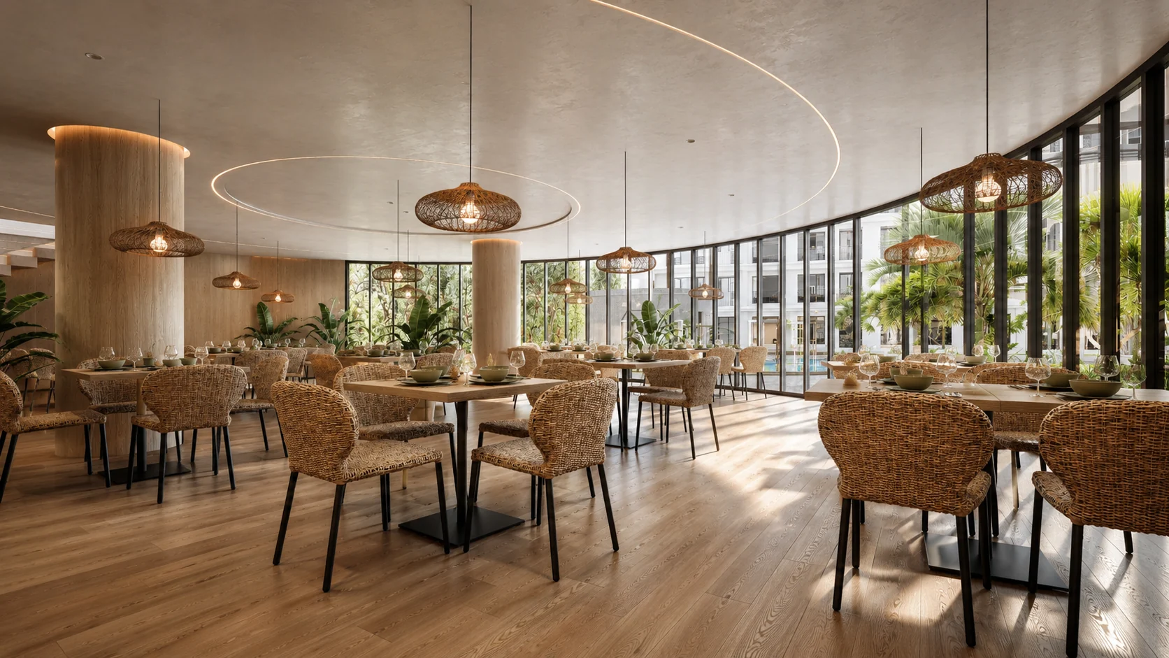 Design visualization of the open restaurant facing a tropical courtyard