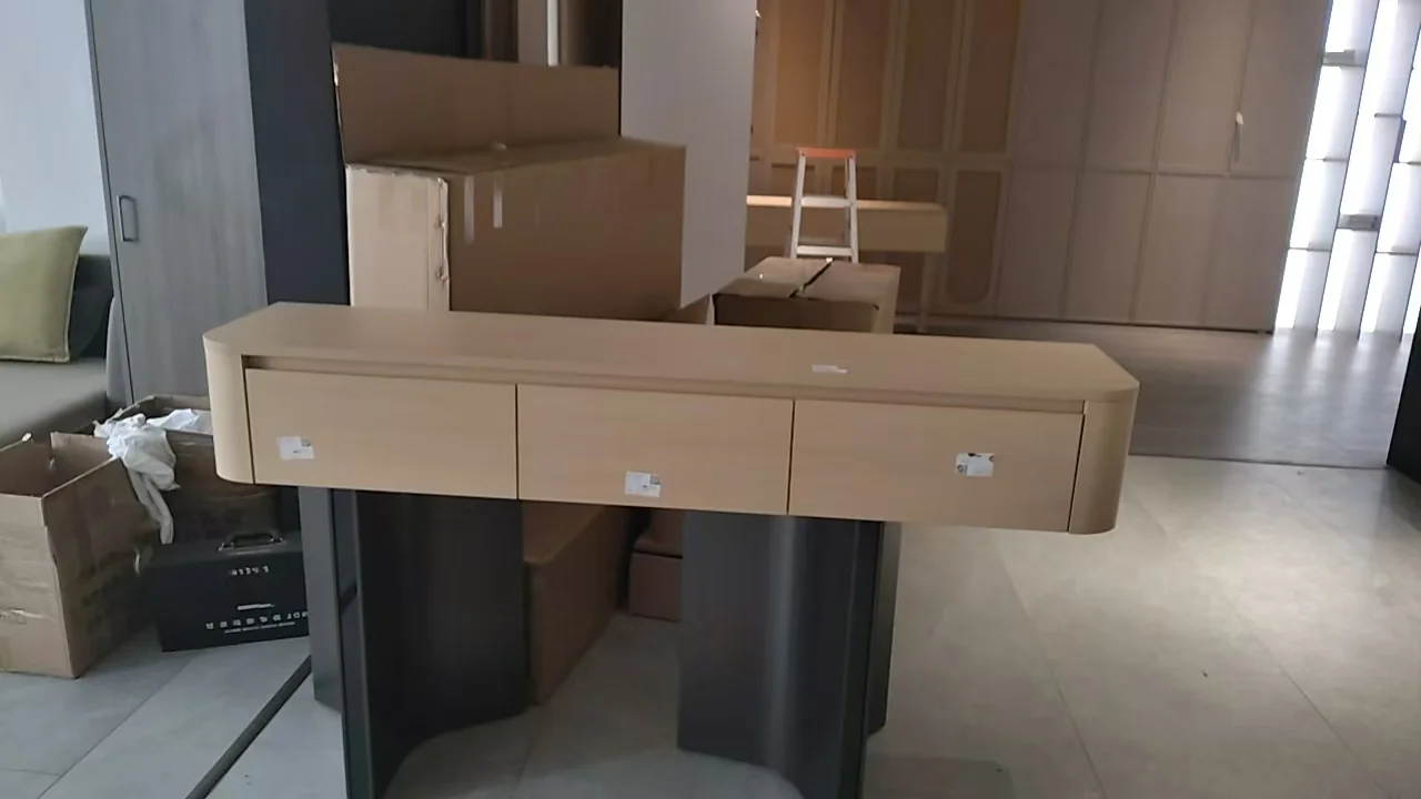 Client mock-up review of the entry console and furniture