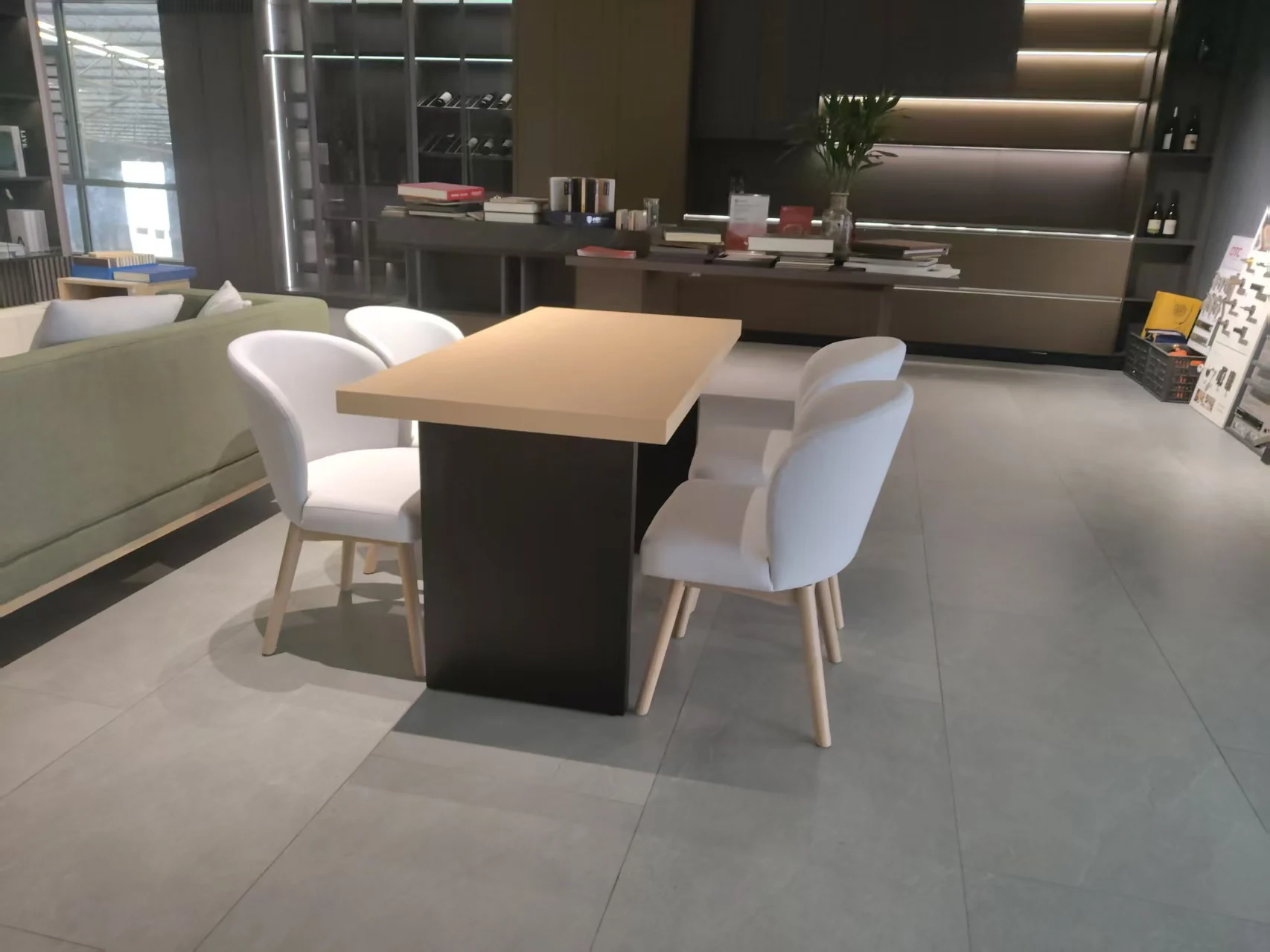 Client mock-up review of the dining table and chair arrangement