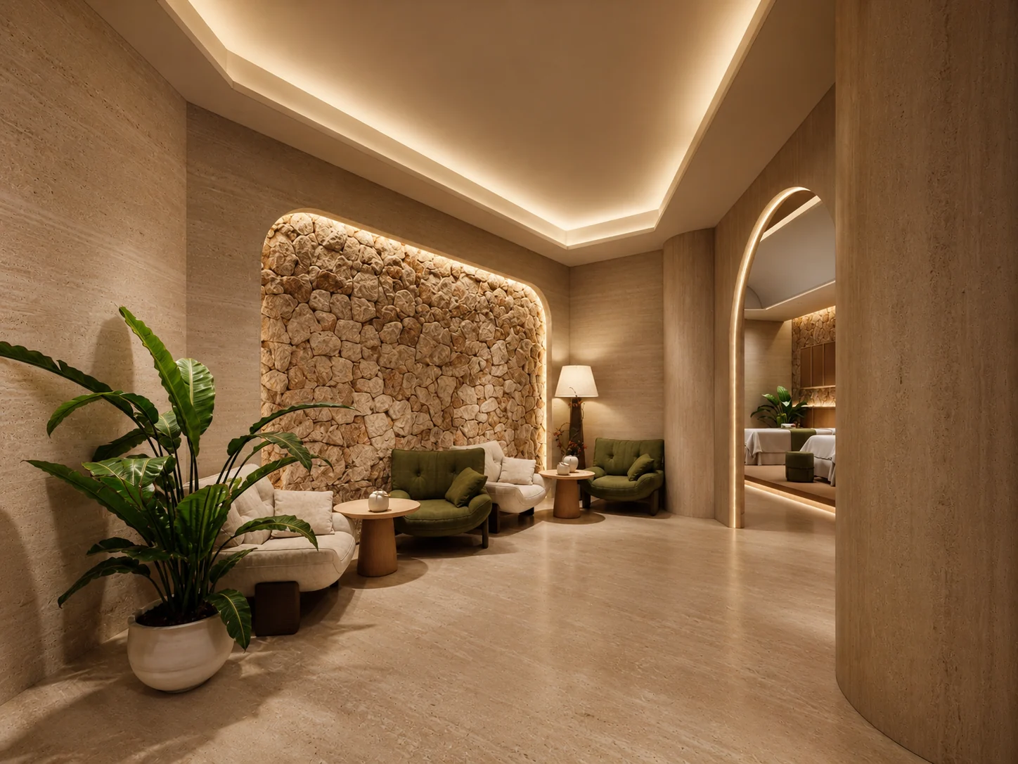 Design visualization of a warm-lit spa transition corridor