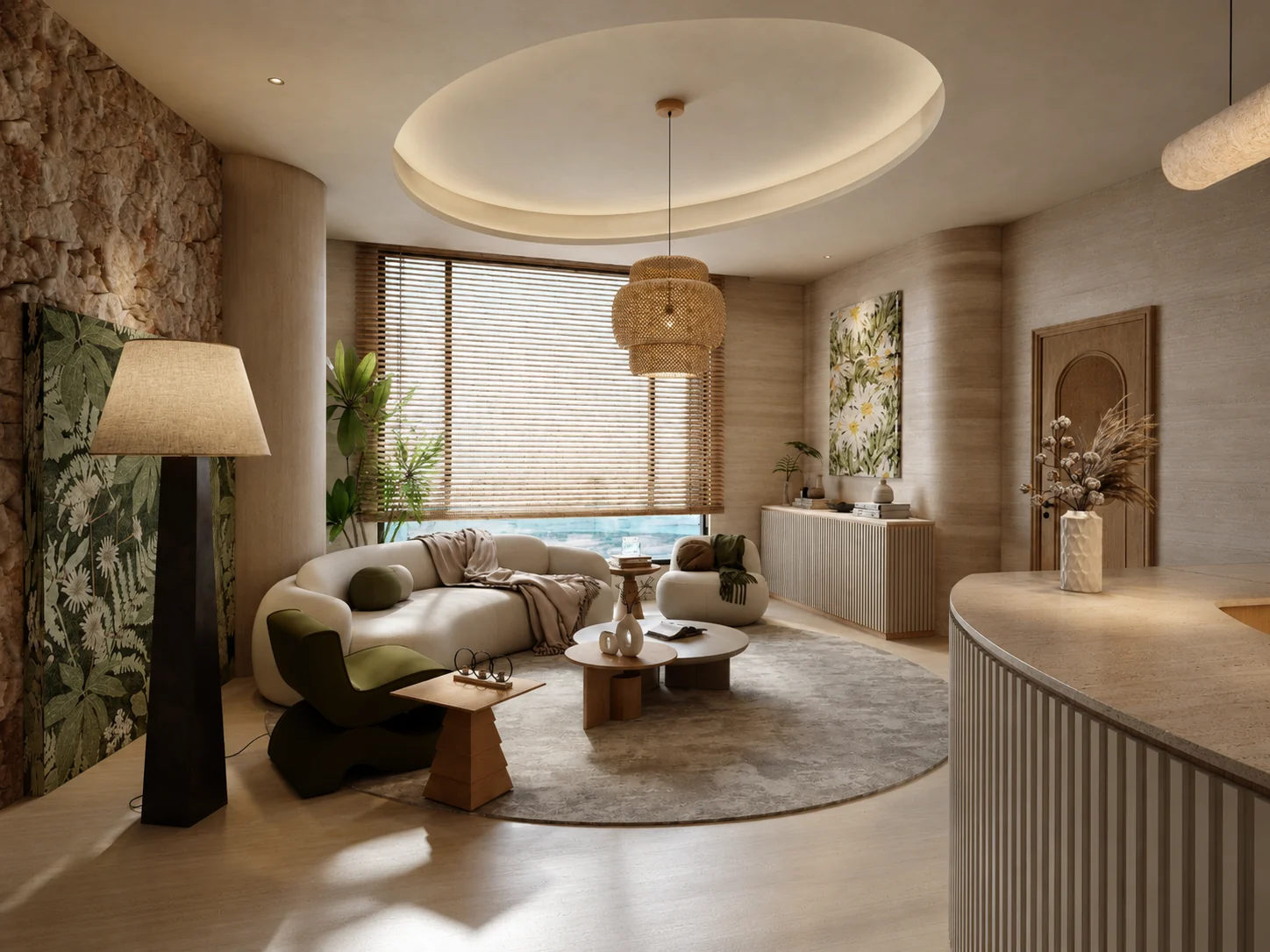 Design visualization of a spa treatment room opening toward a planted courtyard